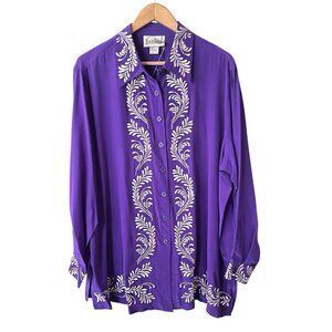Diane Von Furstenberg Silk Purple Embroidered Floral Blouse Size 1X Long Sleeve